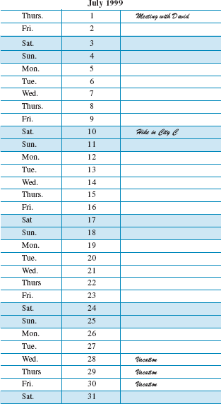 graphic of  July 1999 appointment calender with aMeeting with David on Thursday July 1, Hike in City C on Saturday July 10, and Vacation Wednesday to Friday, July 28-30