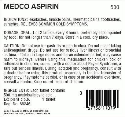 graphic of of Medco Aspirin label listing Indications, Dosage, Caution and Ingredients