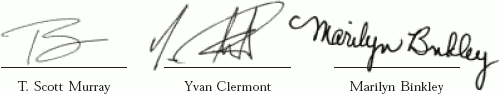 graphic of author's signatures: T. Scott Murray, Yvan Clermont, and Marilyn Binkly