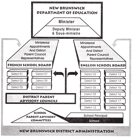 graphic - drawing of an organization chart of the  District Administration of the New Brunswick Department of Education