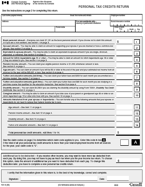 Personal Tax Credit Return form
