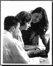 graphic: a woman and a man watching a woman work on her laptop.