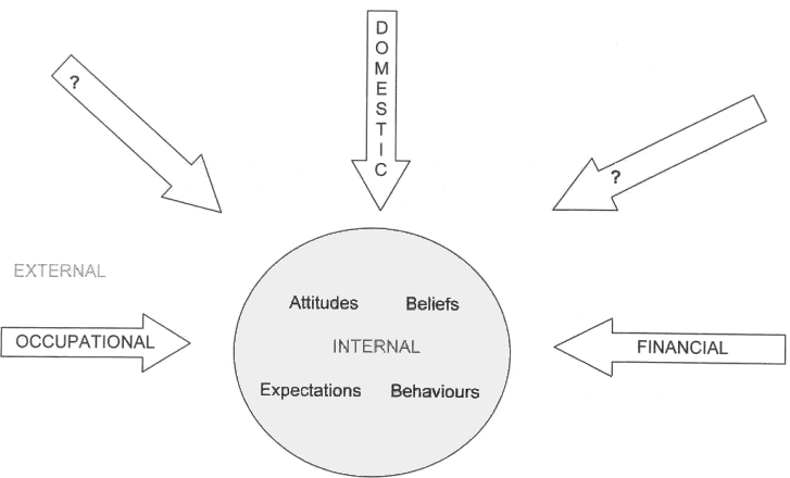 graphic: diagram of sources of stress; external: occupational, domestic, financial; internal: attitudes, beliefs, expectations, behaviours