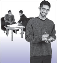 A man and a woman looking at documents while a man takes notes