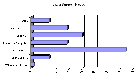 graphic of a bar chart of percentage for Extra Support Needs:  Career Counselling – Child Care – Access to Computers – Transportation – Health Supports – Wheelchair Access – Other .