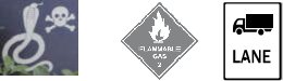 danger - snake, flammable - gas, truck lane