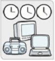 clocks, computer, tv, and boom box